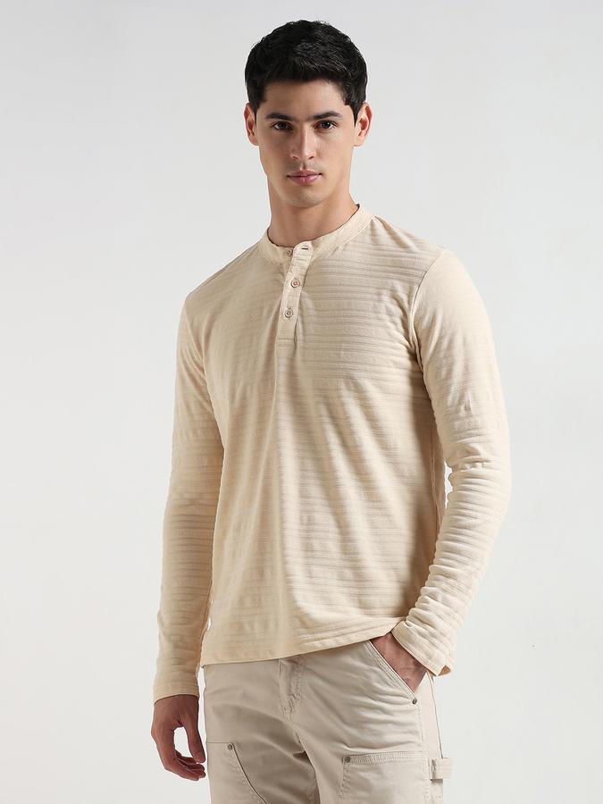 Men Cotton Blend Regular Fit Henley Textured T-shirt