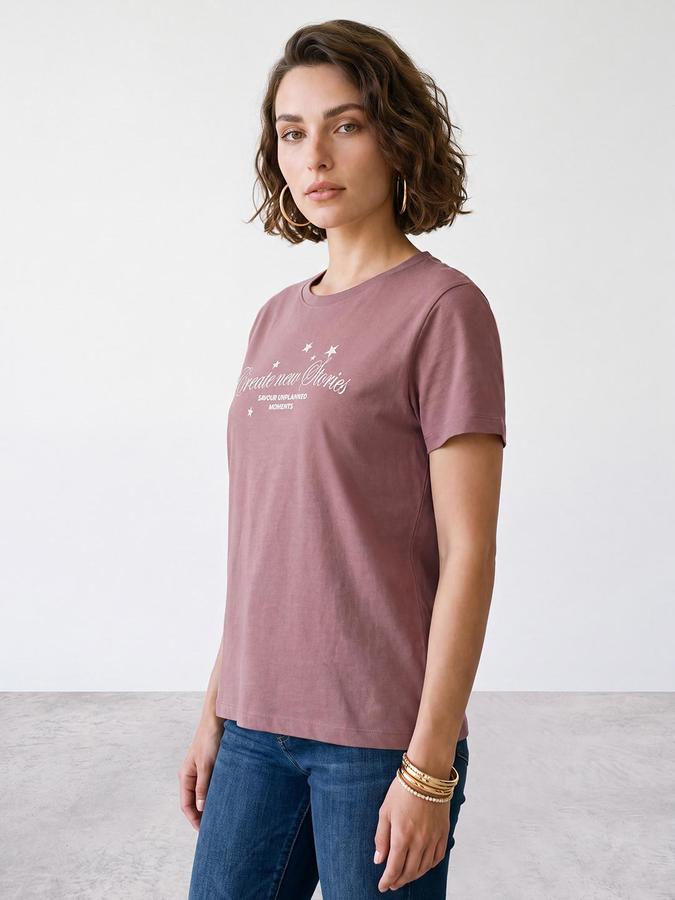 R&B Women Pink Short Sleeve Round Neck Typography Graphic Print T-Shirt