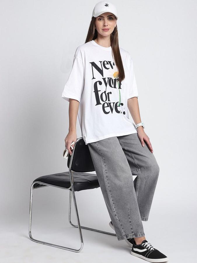 R&B Womens White Typography Printed  Round Neck Short Sleeves T-shirt