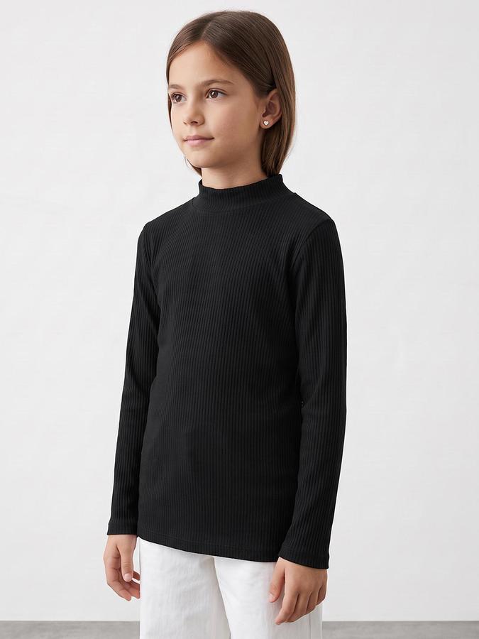 R&B Girls Black Textured Long Sleeves High Neck Ribbed T-Shirt