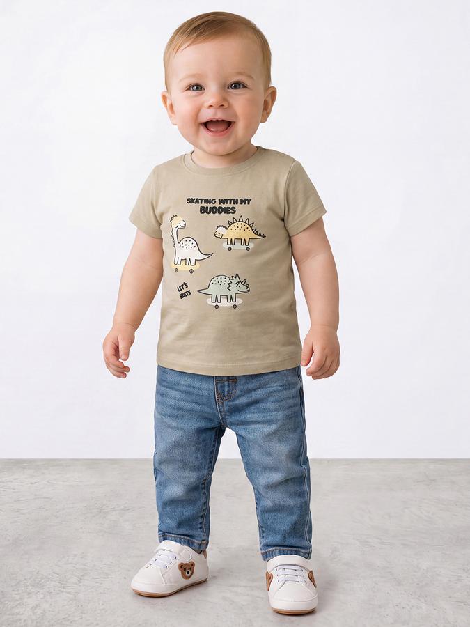 R&B Boys Khaki Graphic Printed  Short Sleeves Pure Cotton T-shirt