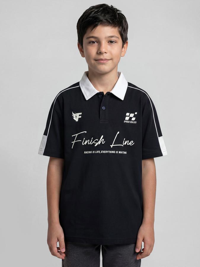 R&B Navy Blue Graphic Print Boys Polo Collar Regular Fit Short Sleeves T-Shirt 