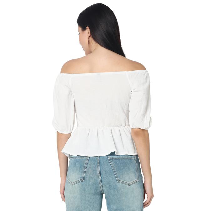 R&B Women Beige Solid Ruched Off-Shoulder Peplum Top
