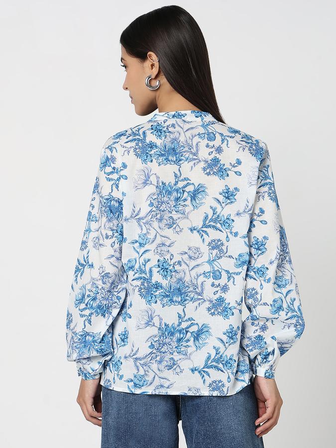 Women Cotton Relaxed Fit Mandarin Collar Floral Top