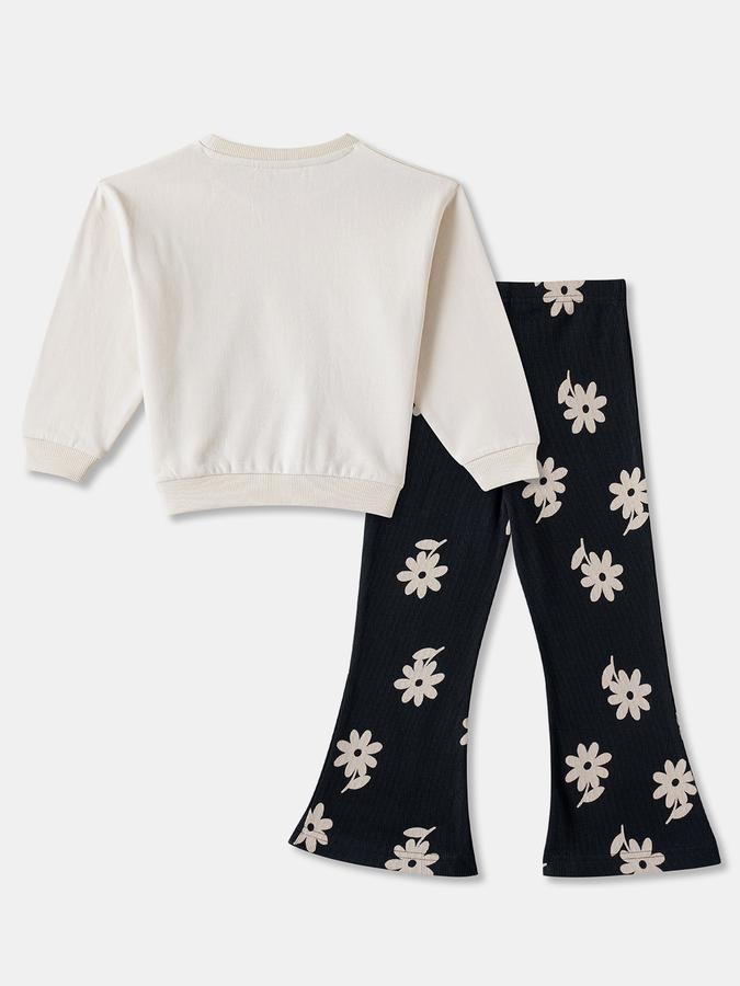 Girls Cotton Blend Printed Sweatshirt And Flared Trousers Set
