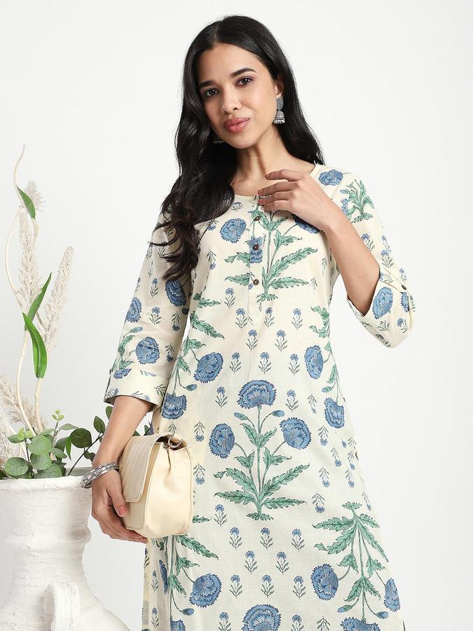 R&B Women Blue Floral Print Round Neck Knee Length Pure Cotton Ethnic Kurta