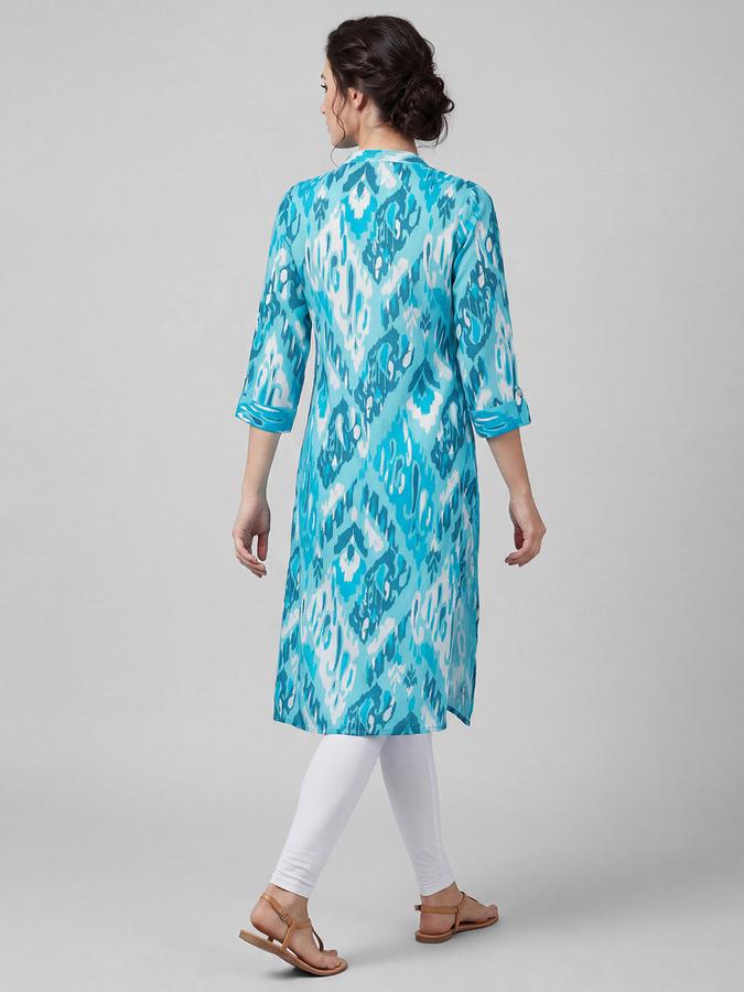 R&B Blue Printed Women Three-Quarter Sleeves Mandarin Collar Kurta