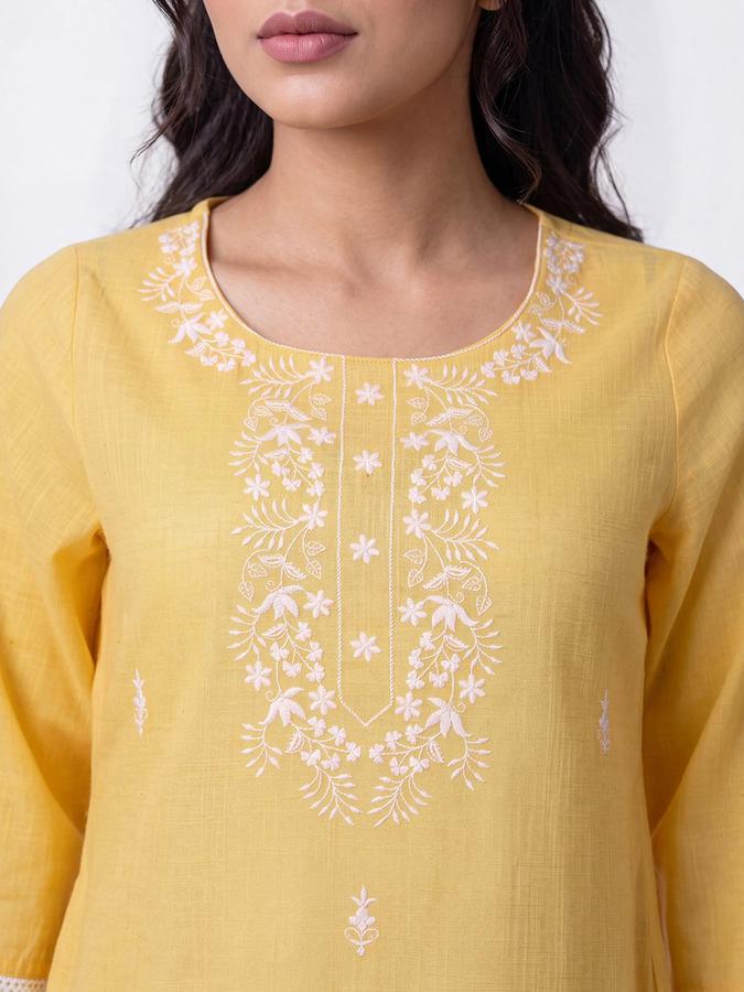 R&B Women Mustard Floral Embriodery Round Neck Three-Quarter Sleeves Straight Kurta