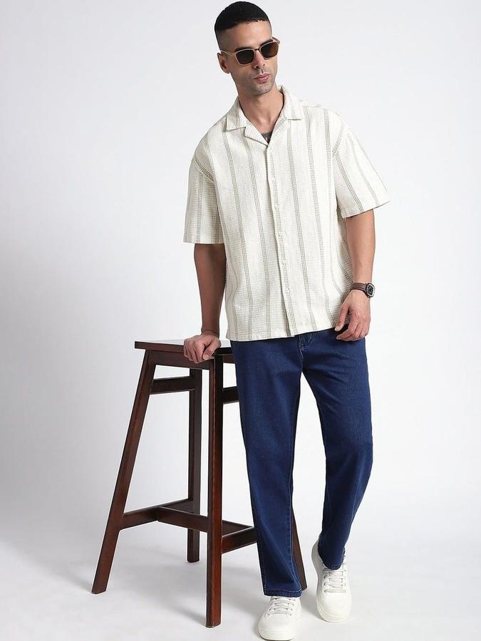 R&B Men Ivory Striped Half Sleeves Cuban Collar Shirt
