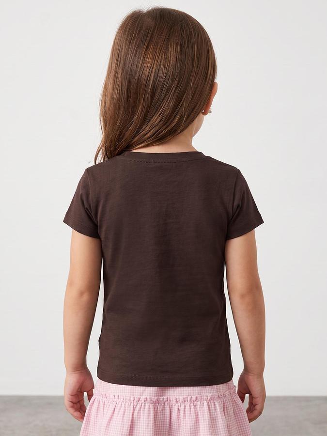 R&B Girls Brown Graphic Print Short Sleeves Round Neck Pure Cotton T-Shirt