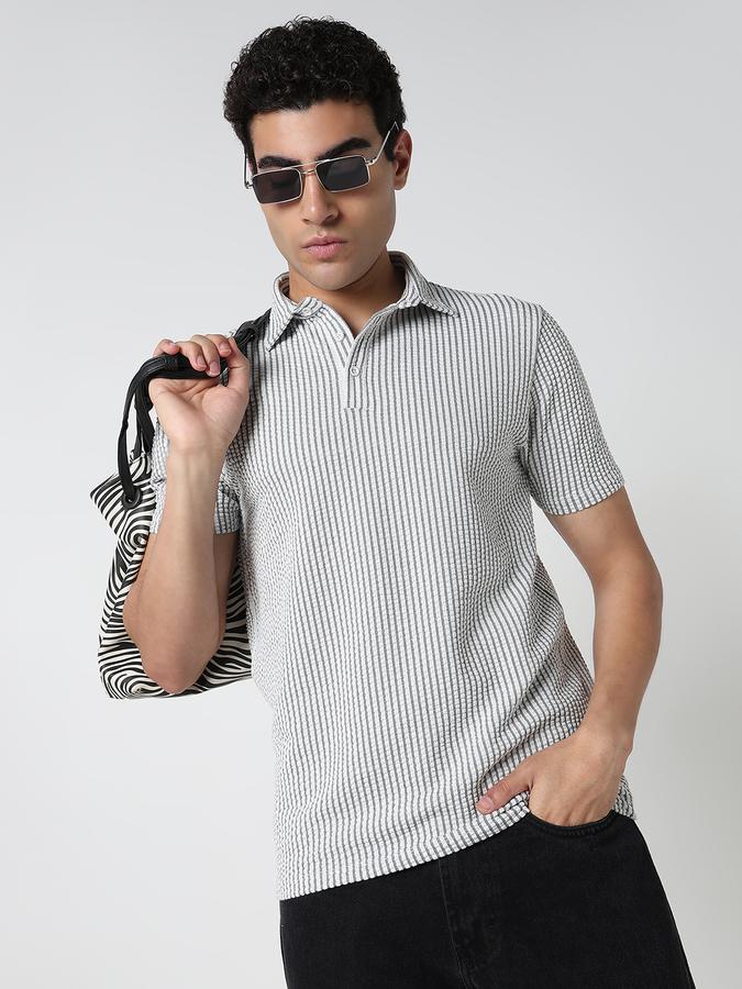 Printed Men Polo Neck Silver T-Shirt 