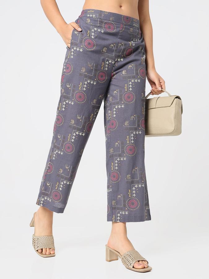 R&B Women Grey Printed Straight Fit Pants