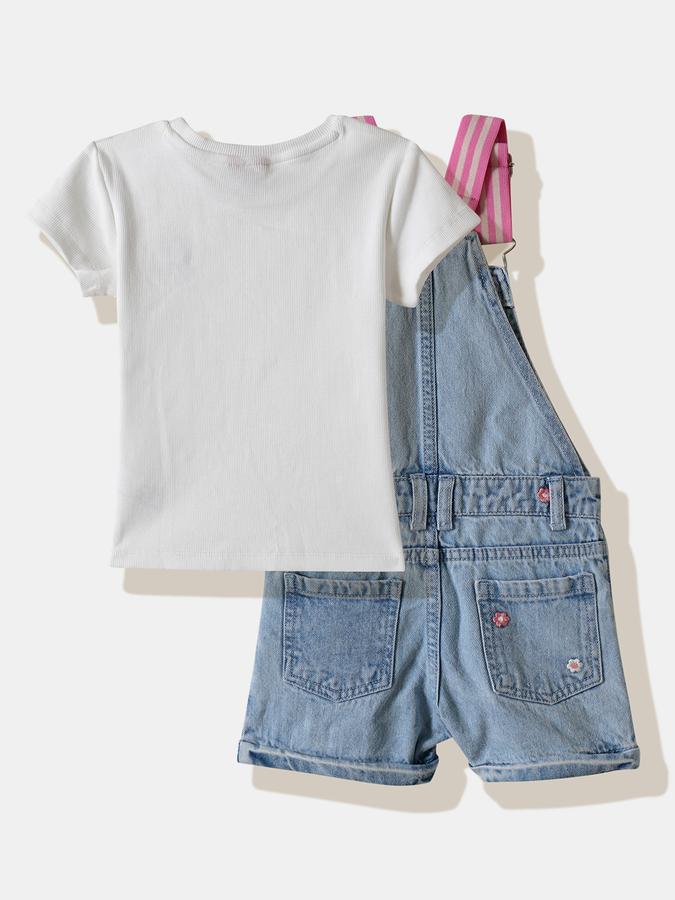 Girls Denim Regular Fit Embroidered Adjustable Strap Dungarees