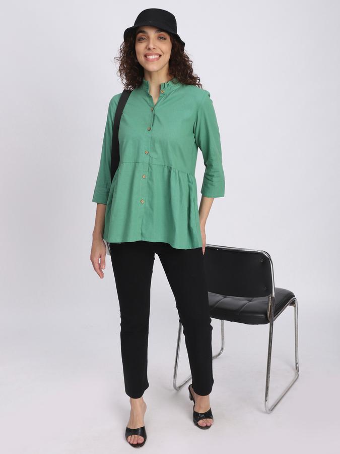 Women Cotton Relaxed Fit Ruffled Collar Solid Ethnic Top