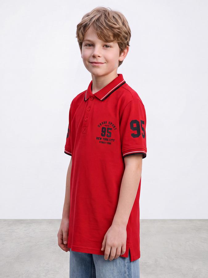 R&B Boys Red Collegiate Badge Printed Polo Collar Short Sleeves Pure Cotton T-shirt