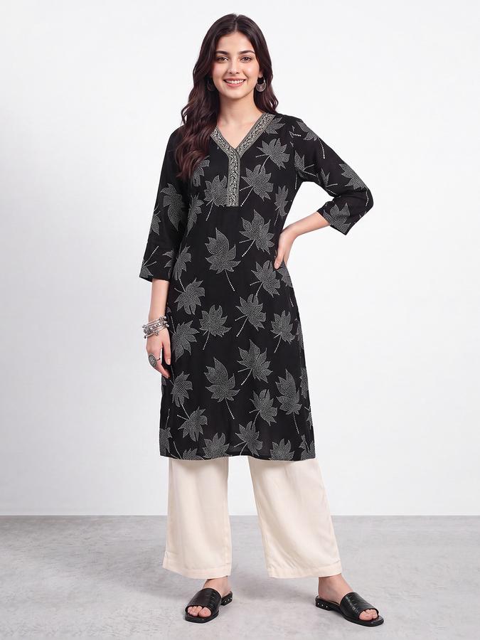 R&B Womens Black Three-Quarter Sleeves V Neck Floral Printed Straight Kurta