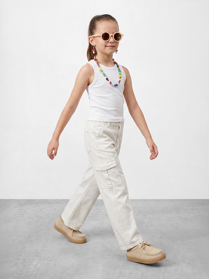 R&B Girls Cream Wide Leg Solid Mid-Rise Cotton Trouser