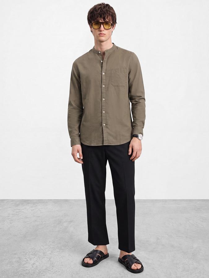 R&B Men's Olive Long Sleeves Slub Mandarin Collar Shirt