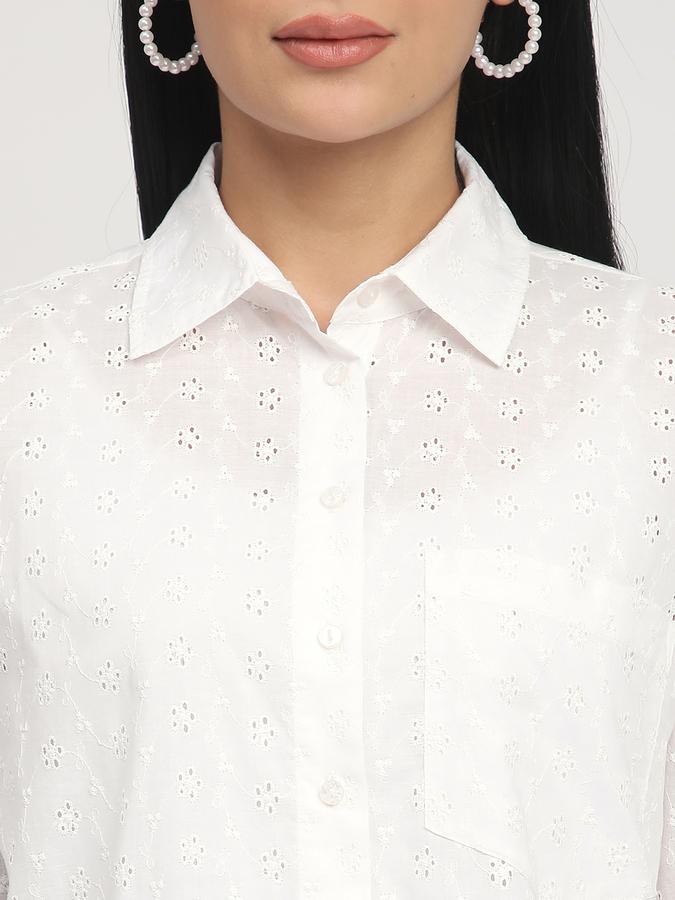 Women Cotton Relaxed Fit Shirt Collar Schiffli Top