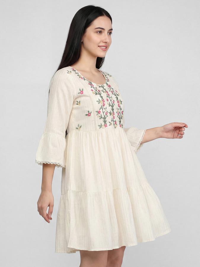 R&B White Embroidered Round Neck Three-Quarter Sleeves Fit and Flare Mini Women Dress
