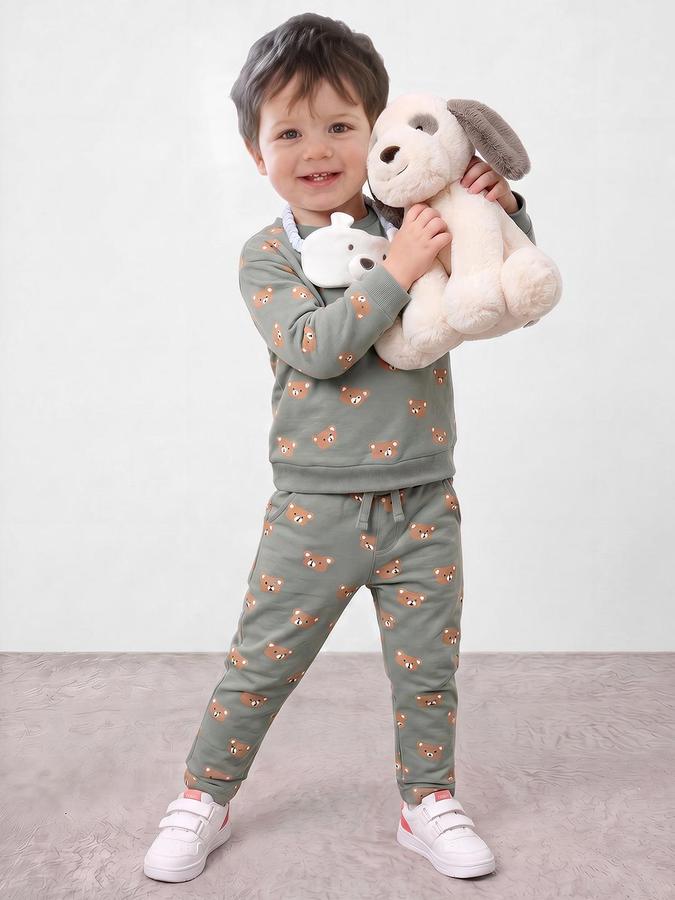 R&B Boys Green Pure Cotton Teddy Print Sweatshirt and Pant Night Suit