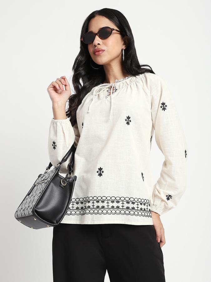 R&B Women Off White Embroidered Peasant Top