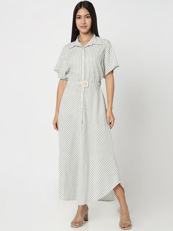 R&B Women Green Striped Half Sleeves Shirt Collar Maxi Shirt Dress