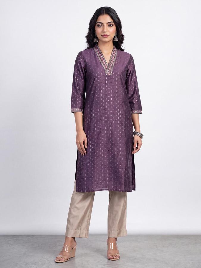 R&B Women Purple Embroidered V-Neck Three-Quarter Sleeve Ikat Kurta