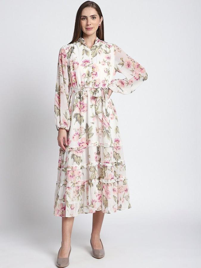 R&B Women Pink Floral Long Sleeves Mandarin Collar Midi A-Line Dress