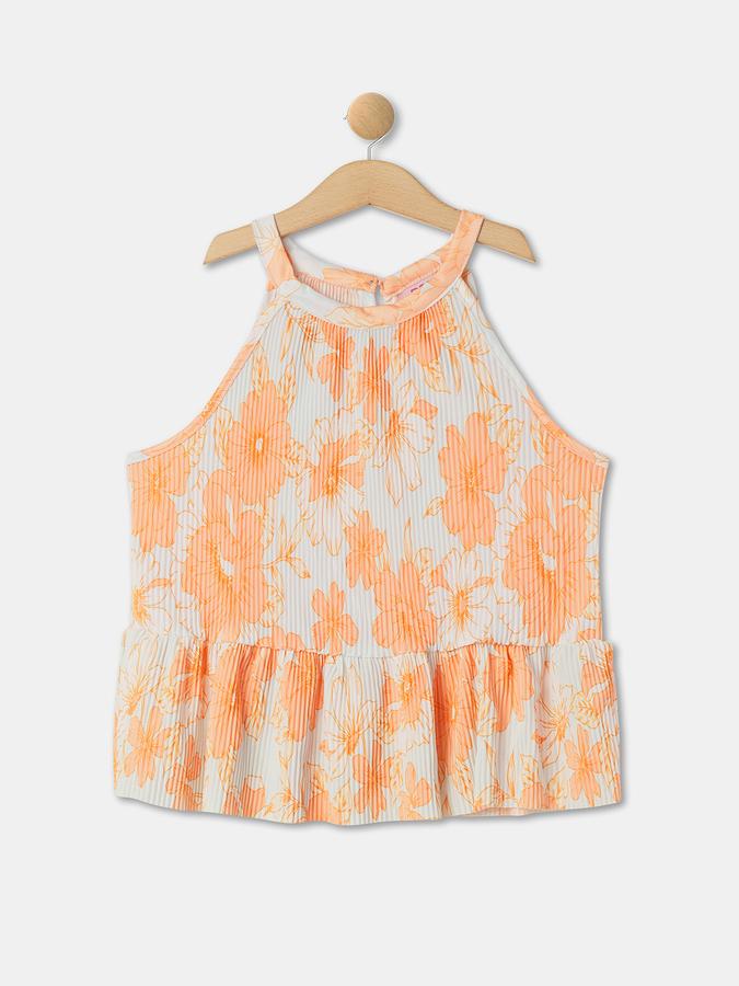 Girls Polyester Regular Fit High Neck Sleeveless Floral Top