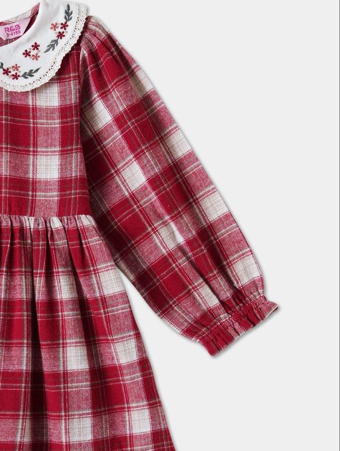 R&B Red Checked  Girls Long Sleeves Dress