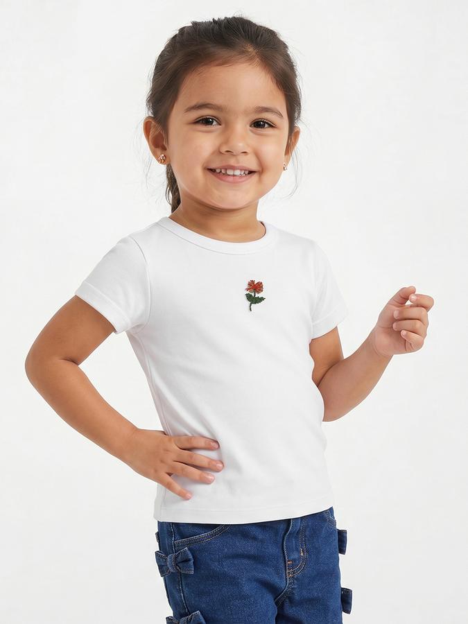 R&B Girls White Regular Fit Floral Embroidered Short Sleeve T-shirt