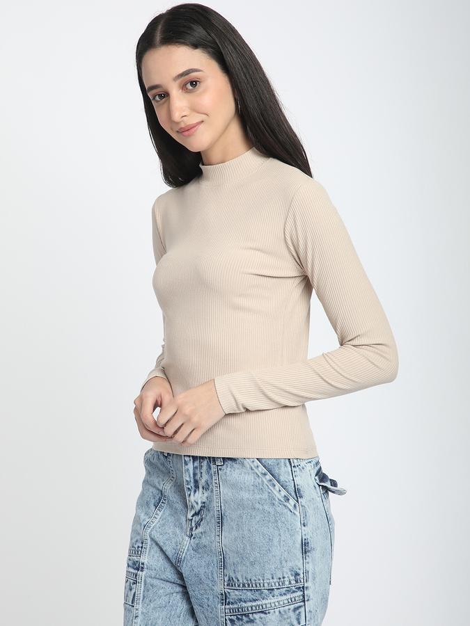 R&B Women Sand Solid Long-Sleeve High-Neck Top