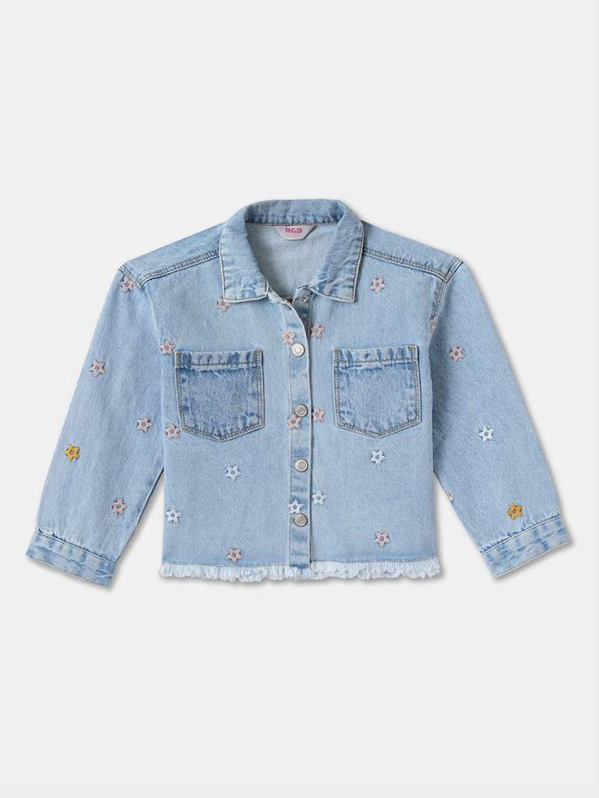 R&B Girls Blue Full Sleeves Embroidery Shirt Collar Denim Jacket