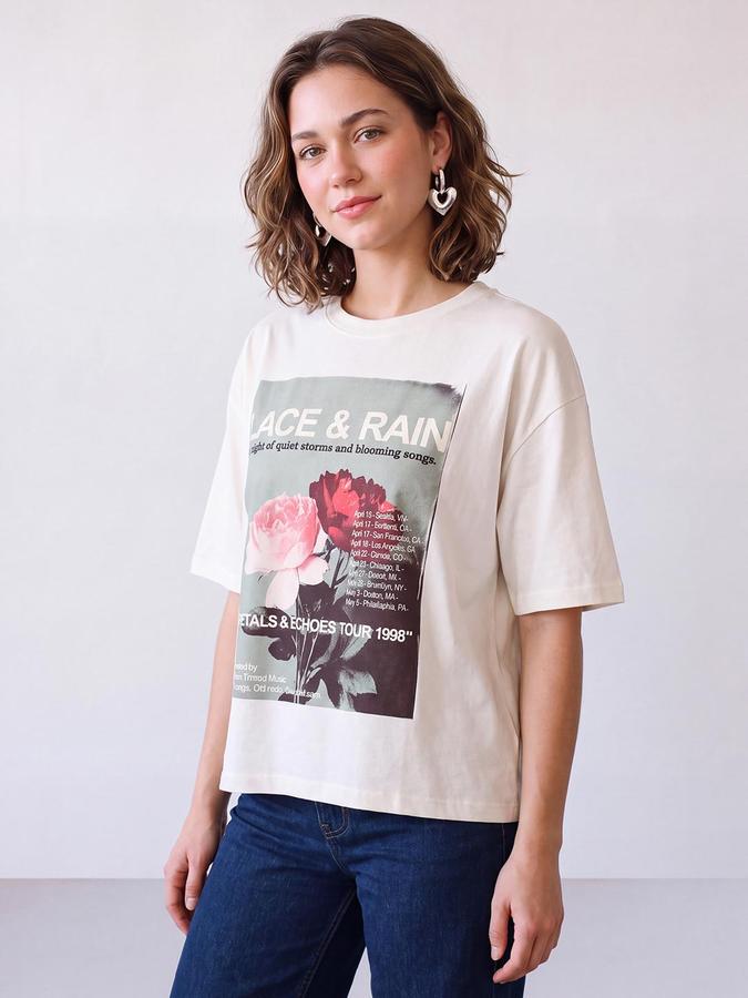 R&B Women Baby Pink Graphic Print Pure Cotton Round Neck Short Sleeves T-Shirt