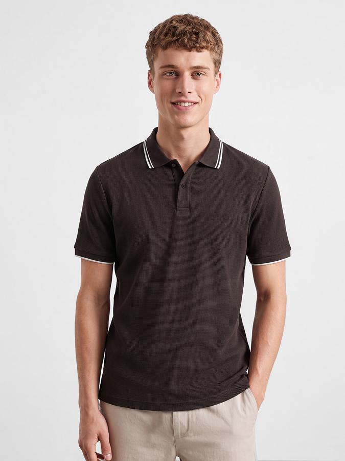 R&B Men Coffee Brown Textured Short Sleeves Tipping Polo Collar Tshirt