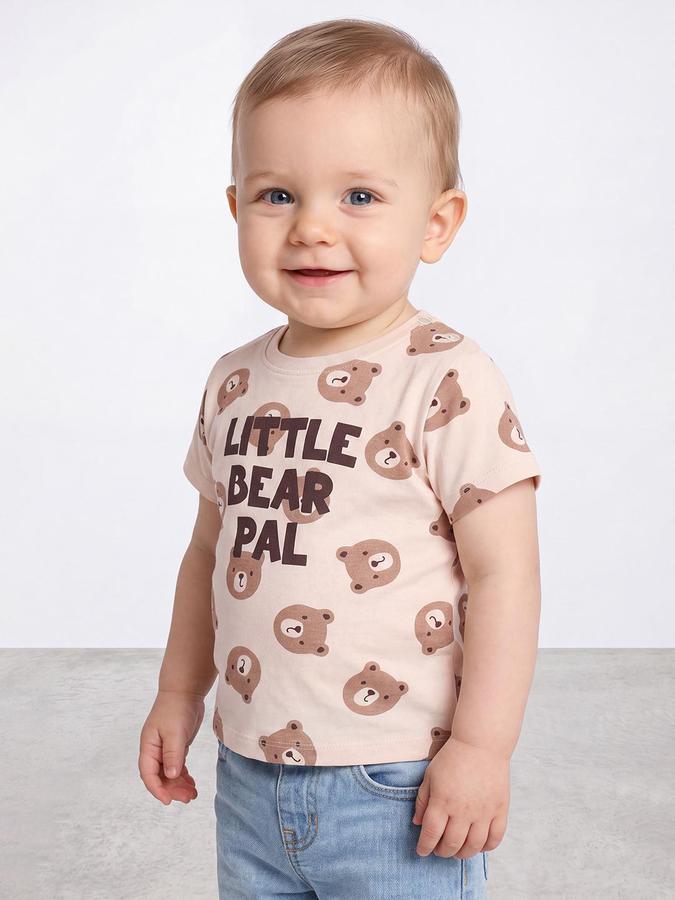R&B Boys Beige Short Sleeve Round Neck Teddy Bear Printed T-Shirt