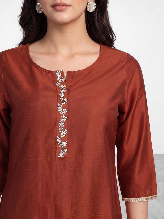 R&B Womens Rust Three-Quarter Sleeves Round Neck Floral Embroidery Straight Kurta