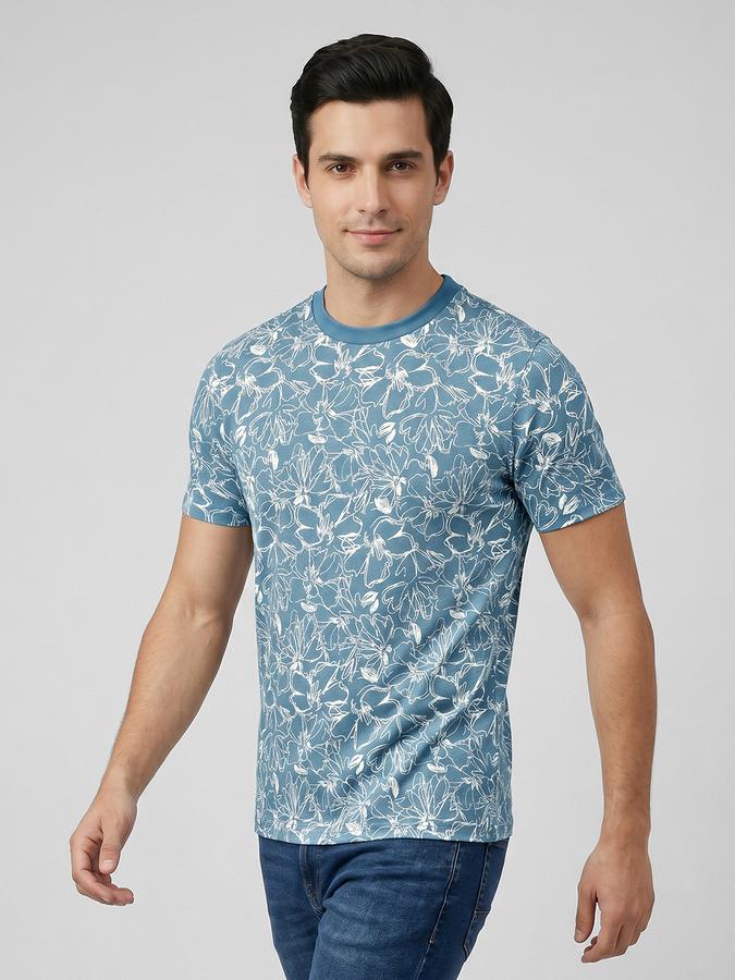 R&B Blue Floral Print Men Round Neck Regular Fit Short Sleeves T-Shirt 
