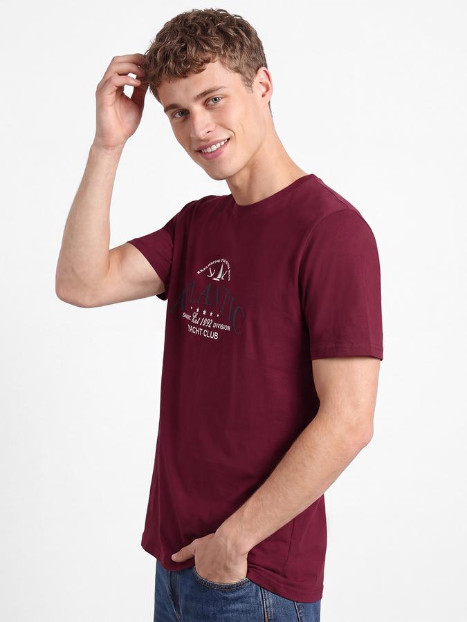 R&B Men Cherry Red Graphic Print Short Sleeves Pure Cotton Tshirt