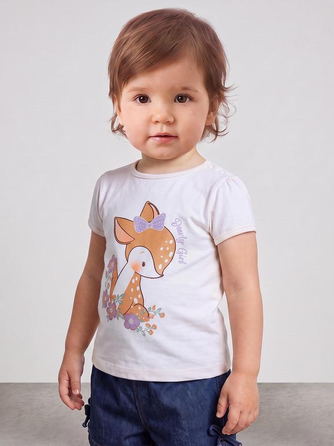 R&B Girls Beige Graphic Print Short Sleeves Round Neck Pure Cotton T-Shirt