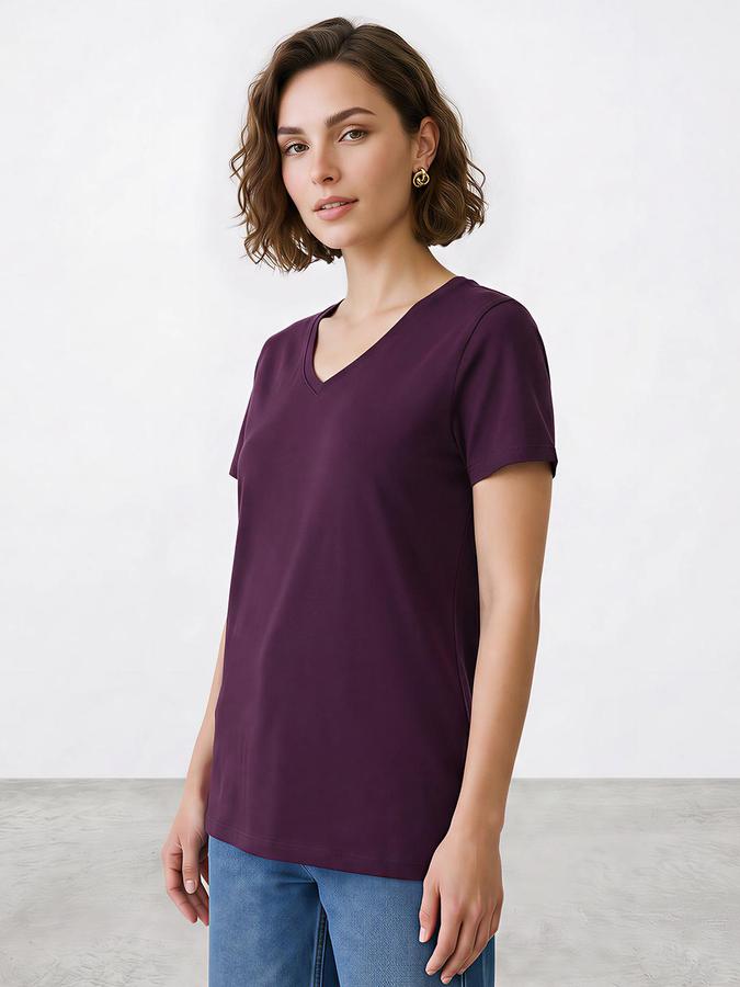 R&B Women Purple Short Sleeve V Neck Solid T-Shirt
