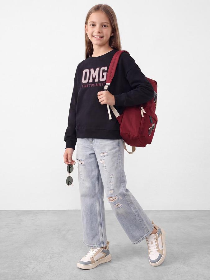 R&B Girls Dark Blue Typography Placement Print Long Sleeves Round Neck Sweatshirt