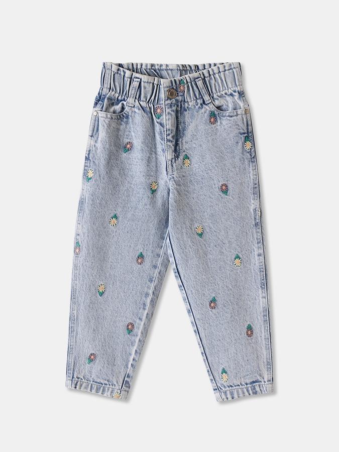 Girls Denim Regular Fit Elastic Waist Embroidered Jeans