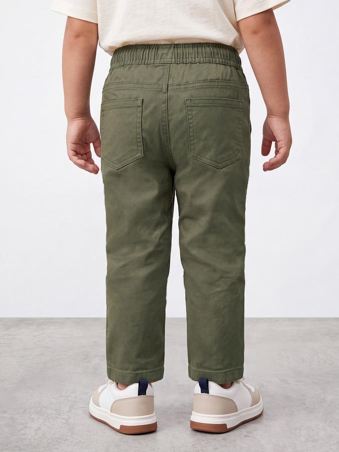 R&B Boys Olive Solid Regular Fit Mid Rise Trousers