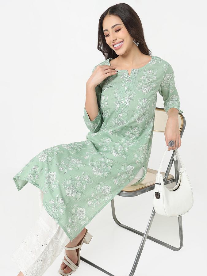 Women's regular fit casual floral block printed round neck sage straight kurta with couching 
