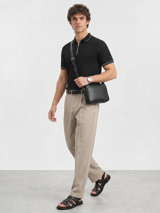 R&B Men Black Ribbed Short Sleeves Polo Tshirt