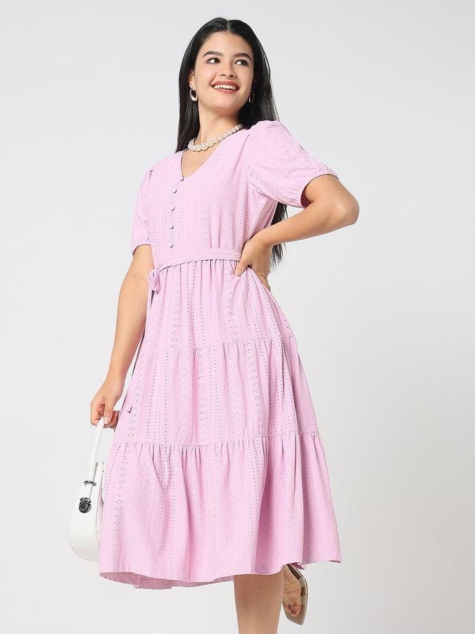 R&B Women Lilac Self Design Half Sleeves V-Neck Knee Length A-Line Dress