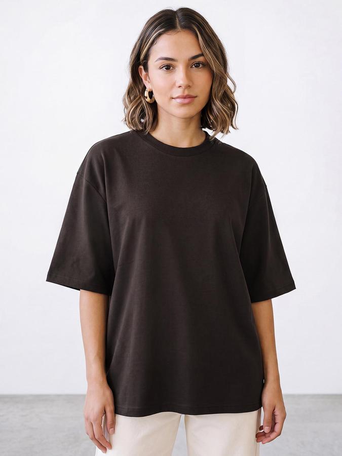 R&B Women Coffee Short Sleeve Round Neck Solid T-Shirt