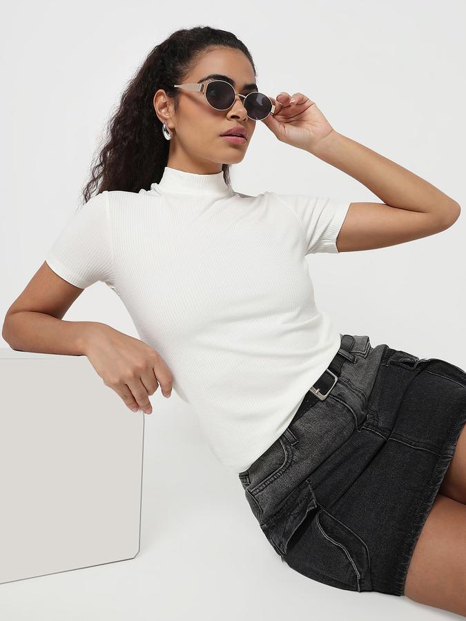 Women Viscose Slim Fit High Neck Ribbed Top